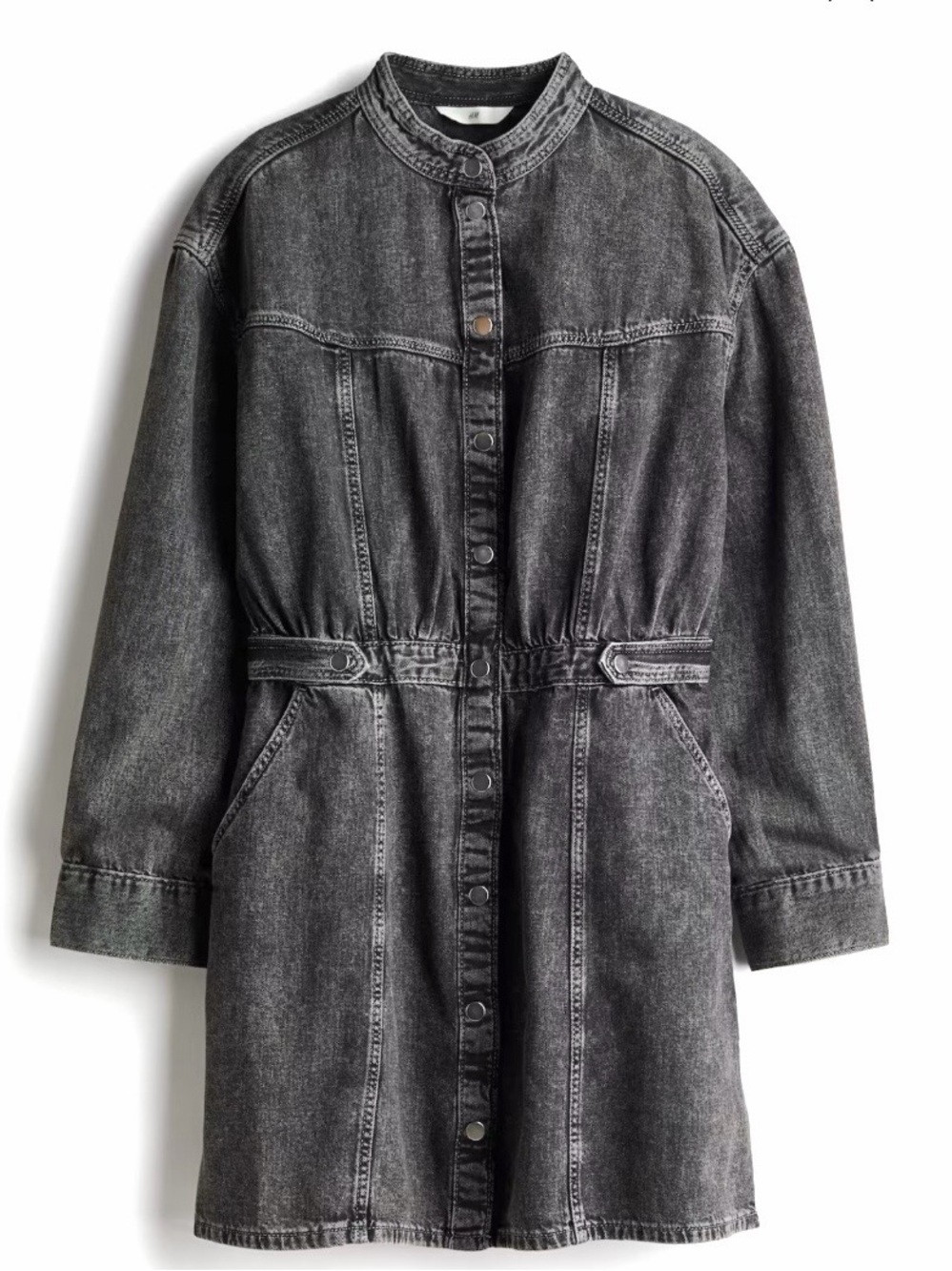 NEW! H&M Dark Gray Denim Button Up Mini Dress, Long Sleeves & Pockets, Size XS